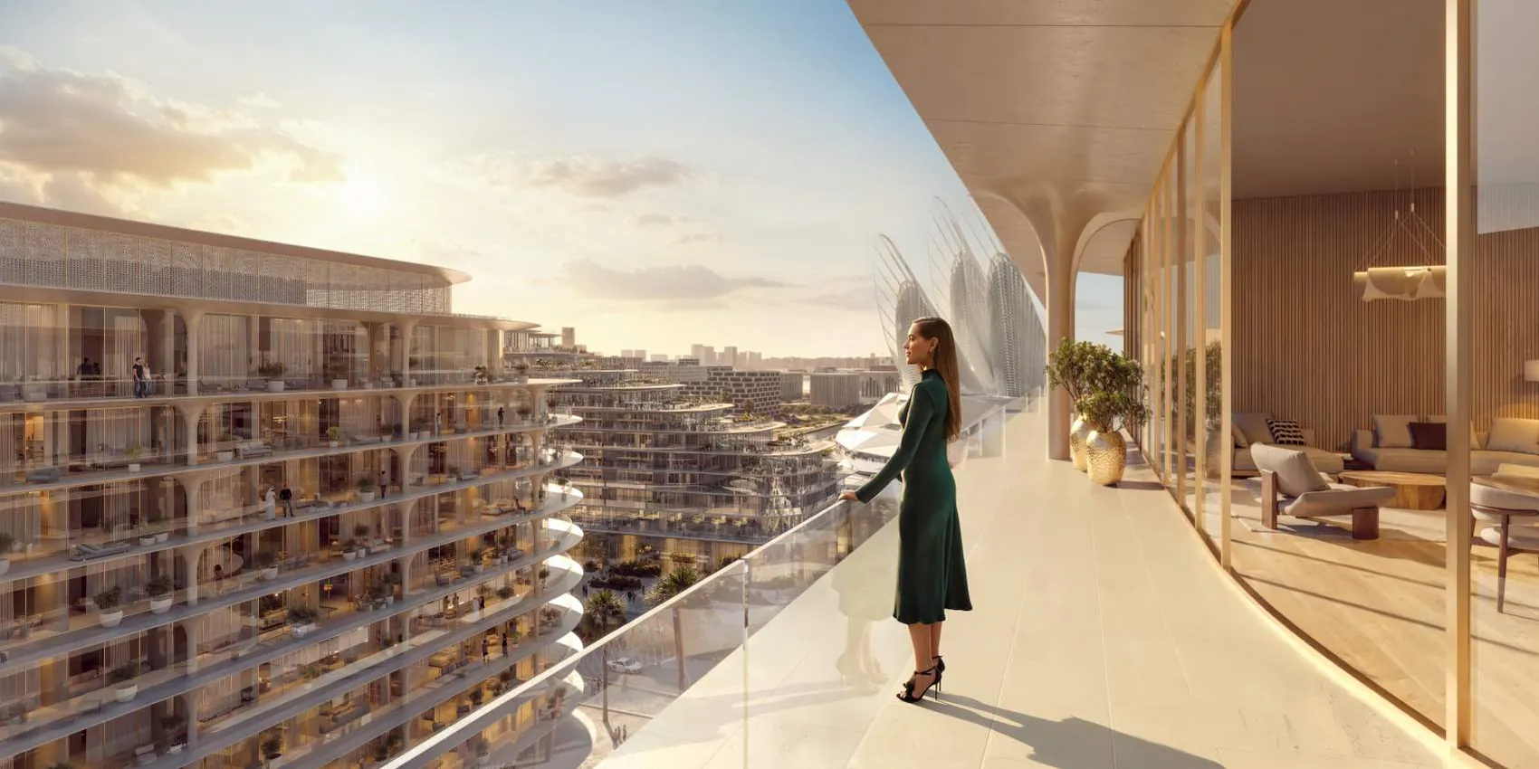 Resident on a balcony at The Row Saadiyat at sunrise