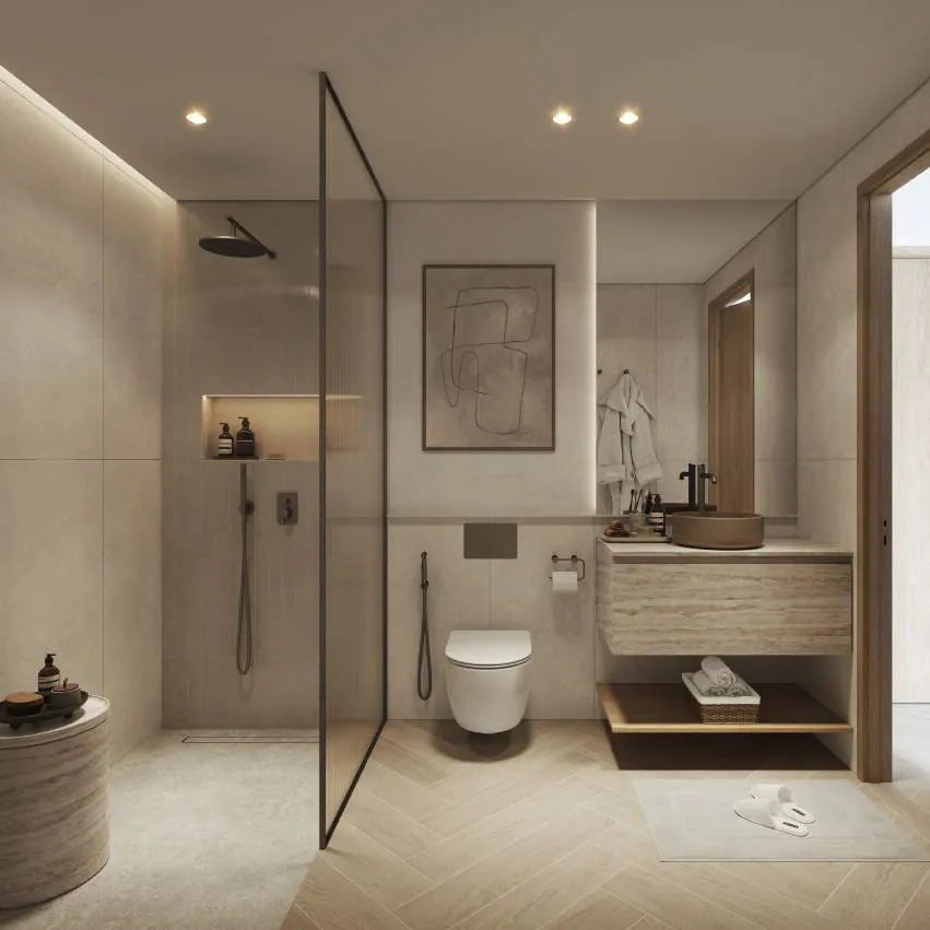 Bathroom with walk-in shower and matt gun-metal fittings