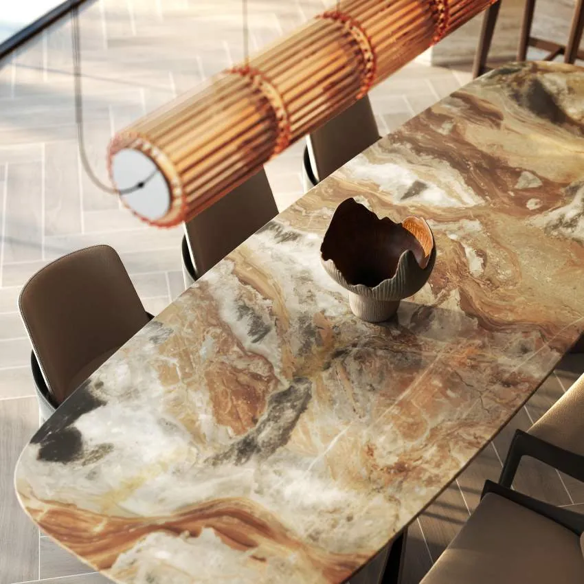 Dining table detail with rich stone finish