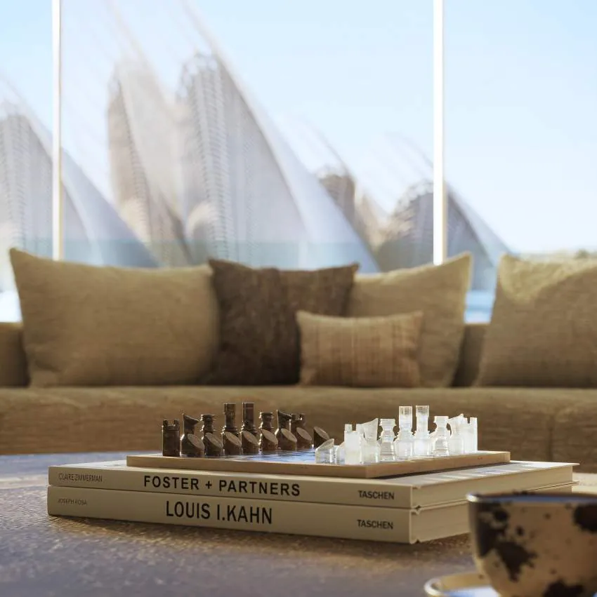 Living room detail with warm-toned sofa