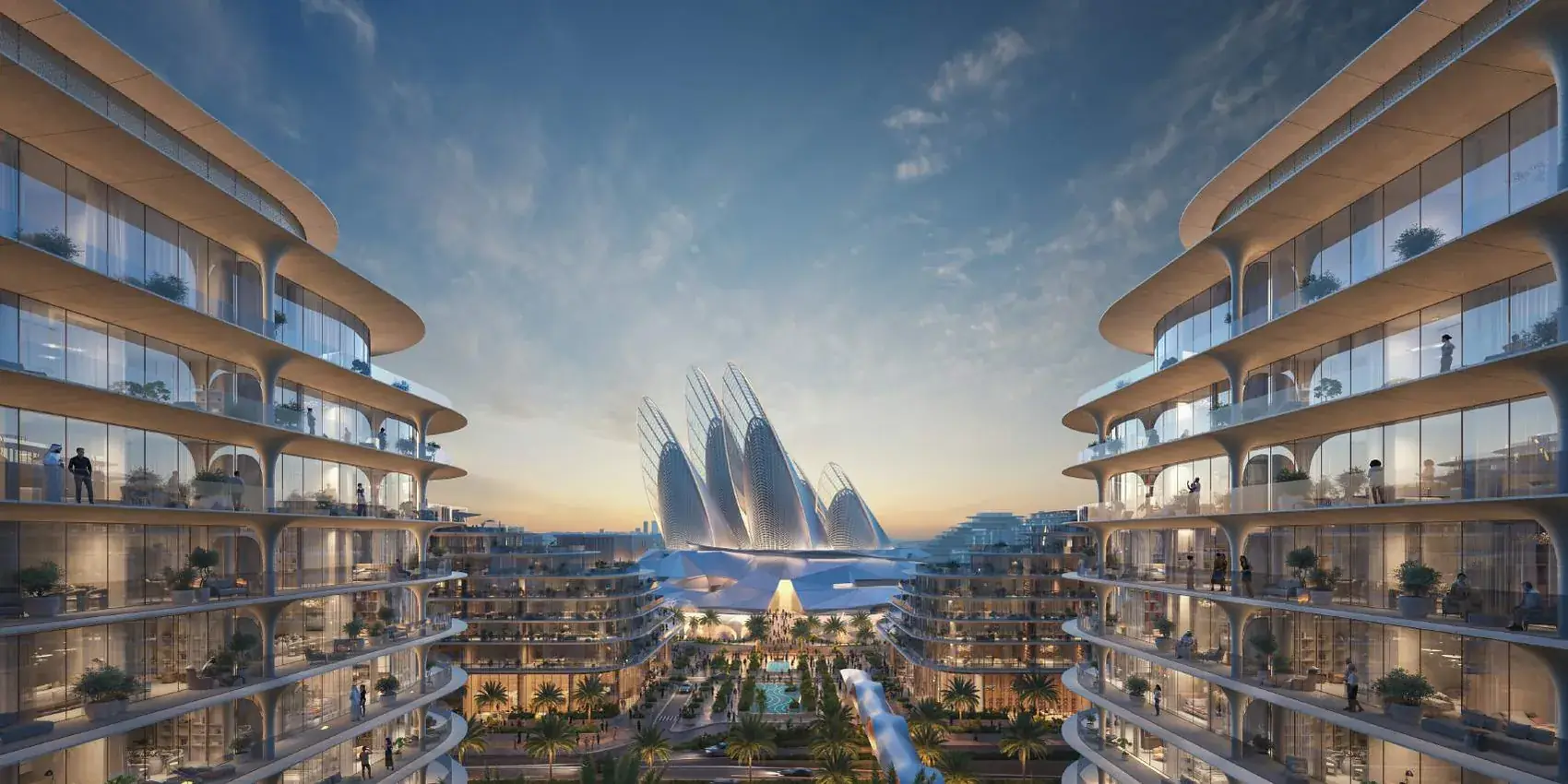 The Zayed National Museum seen between the buildings of The Row Saadiyat