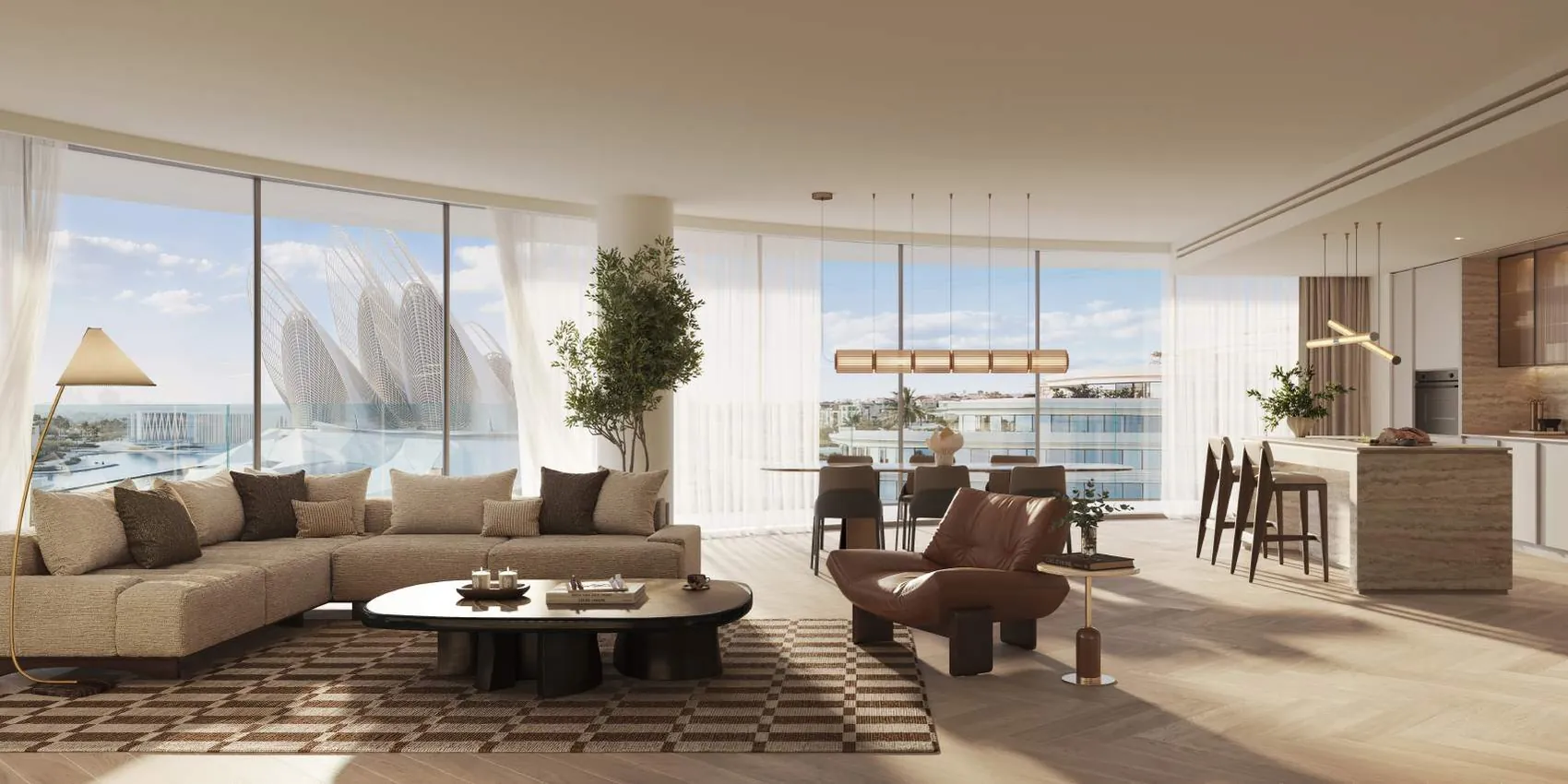 Living room at The Row Saadiyat with floor-to-ceiling windows