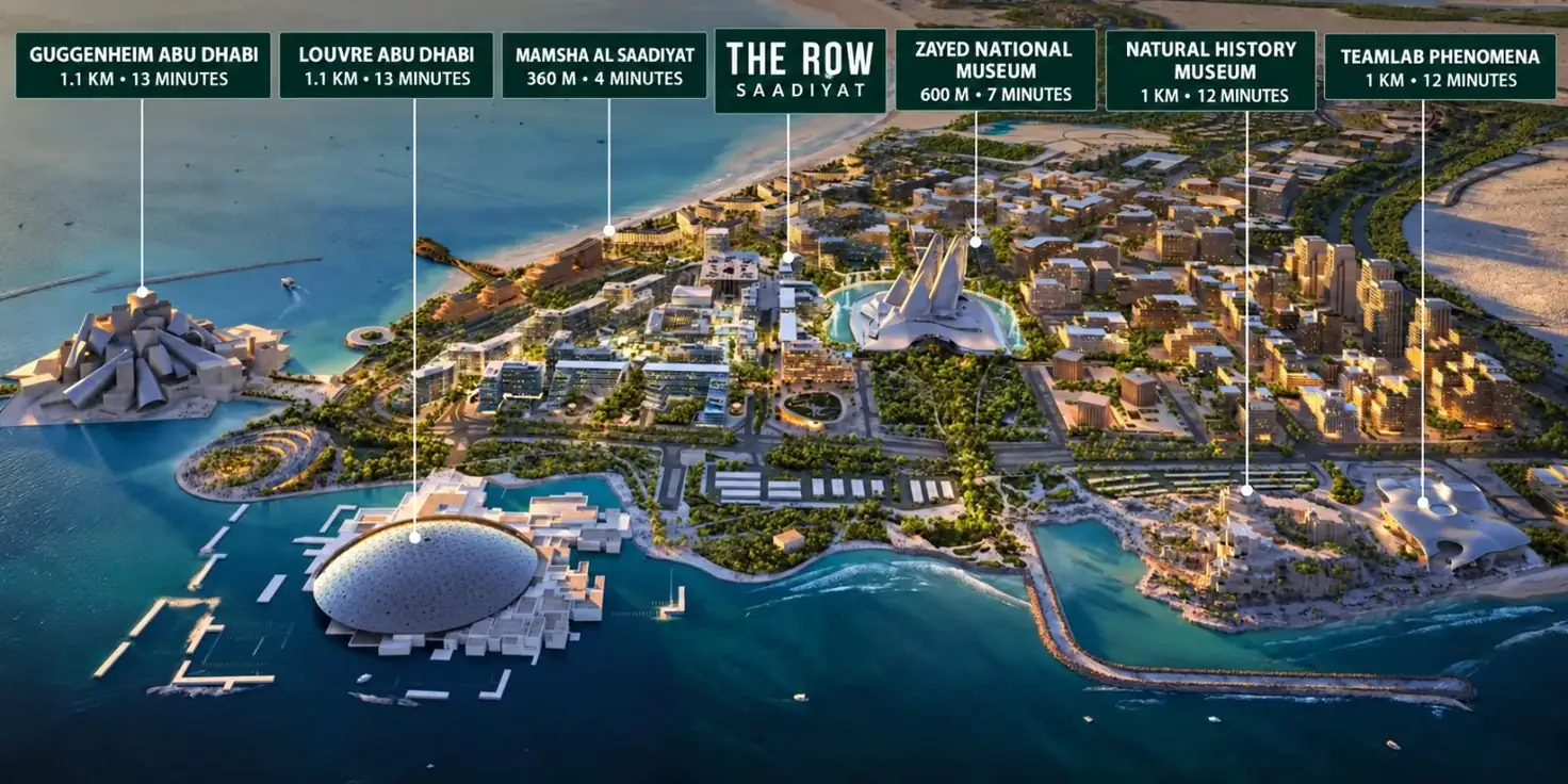 Map of The Row Saadiyat with distances to Guggenheim, Louvre, Zayed National Museum, Mamsha Al Saadiyat and more
