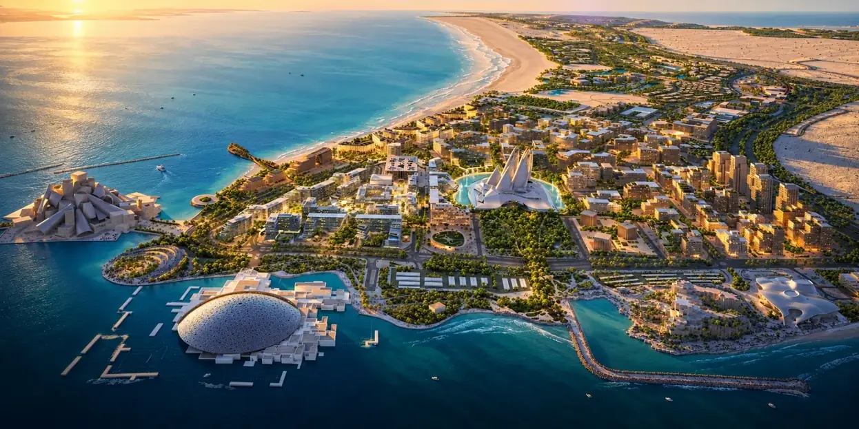 Aerial view of Saadiyat Island and its coastline at sunrise